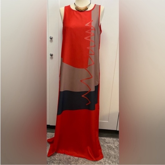 Color Block Sleeveless Maxi Dress With Red Black & Brown Design Sz MED NEW! - Picture 1 of 6